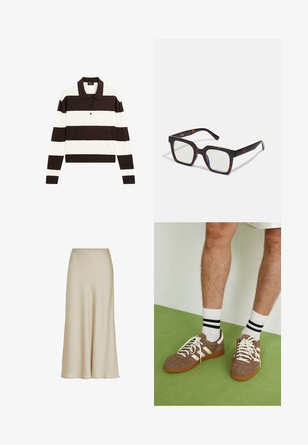Koszula polo z długim rękawem, charakteryzująca się naprzemiennymi ciemnobrązowymi i białymi poziomymi paskami, kołnierzykiem oraz zapięciem na guziki. Wykonana z miękkiego materiału.; Beżowa, satynowa spódnica maxi o gładkiej teksturze, w sylwetce A, z talią, która delikatnie opada do hemu, tworząc subtelny spadek.; Brązowe zamszowe sneakersy z białymi akcentami i sznurówkami. Gumowa, brązowa podeszwa. Noszone z białymi skarpetkami w czarne paski. Zielona teksturowana podłoga.; Kwadratowe okulary przeciwsłoneczne z oprawką z acetatu w wzór żółwia i przezroczystymi soczewkami. Posiadają szerokie zauszniki i matowe wykończenie, co zwiększa ich ogólną trwałość.