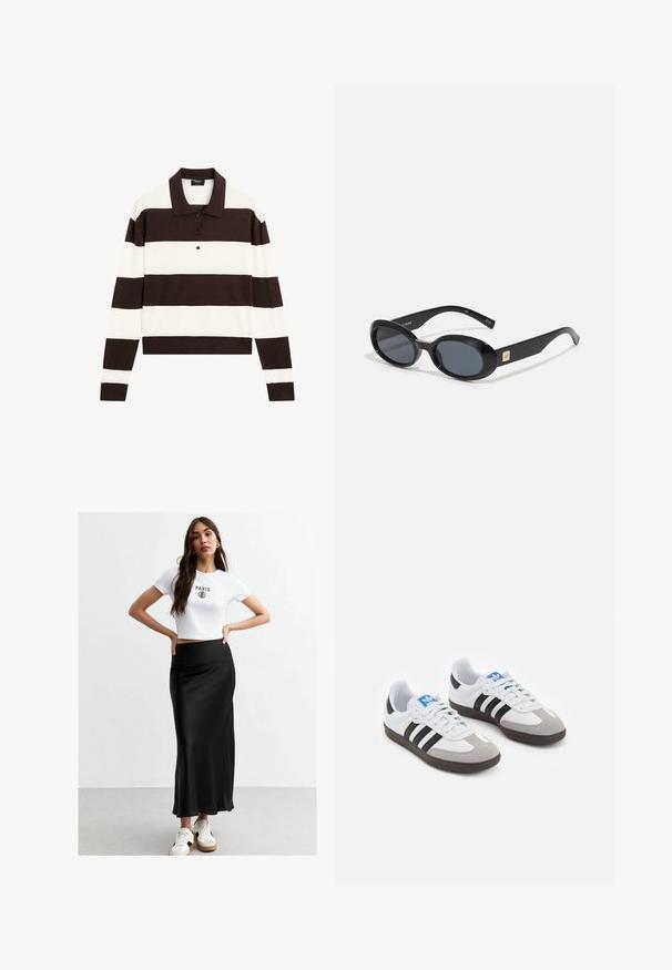 Långärmad polo tröja med växelvis mörkbruna och vita horisontella ränder, en krage och en knäppning framtill. Tillverkad av mjukt tyg.; Vit cropped t-shirt med tryck av "PARIS", kombinerad med en svart silkig maxikjol. Modellen bär vita sneakers med beige och svarta detaljer.; Sportskor med överdel i vit läder, grå mocka på tårna och tre svarta ränder. Har en blå logotyp på tungan och en texturerad gummisula.; Svarta ovala solglasögon med mörka linser, blank plastbåge, breda skaft och en liten guldkant på en sida.; Svart vävd toteväska med två handtag, med en texturerad yta och rektangulär form. Enkel, unik design utan synlig hårdvara.