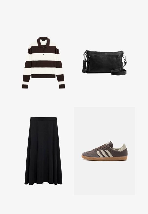 Langärmliges Polohemd mit abwechselnd dunkelschokoladenbraunen und weißen horizontalen Streifen, einem Kragen und einer geknöpften Leiste. Hergestellt aus weichem Stoff.; Schwarzer, fließender A-Linie-Rock aus weichem Stoff mit elastischem Taillenbund und glatter Textur, entworfen für angenehmen Tragekomfort.; Braune Leder-Sneaker mit drei hellen Streifen, Gummisohle, abgerundetem Zehenbereich und strukturierten Wildlederelementen an Ferse und Zehen.; Schwarze Leder-Crossbody-Tasche mit einem Reißverschluss-Hauptfach, Vordertasche, silberner Hardware und einem verstellbaren Tragegurt. Glatte Textur.