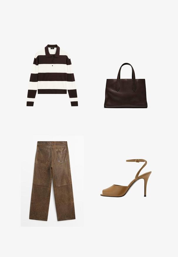 Langärmliges Polohemd mit abwechselnd dunkelschokoladenbraunen und weißen horizontalen Streifen, einem Kragen und einer geknöpften Leiste. Hergestellt aus weichem Stoff.; Braune Leder-Hosen mit weitem Bein, zwei Gesäßtaschen und sichtbaren Nähten, von hinten auf einem weißen Hintergrund gezeigt.; Brauner, offener High-Heel-Schuh mit glänzender Oberfläche, dünnem Knöchelriemen und Stiletto-Absatz. Sanfte Textur, minimalistisches Design.; Braune Ledertasche mit zwei langen Griffen, strukturierte rechteckige Form, glatte Textur und dezente Nähdetails.
