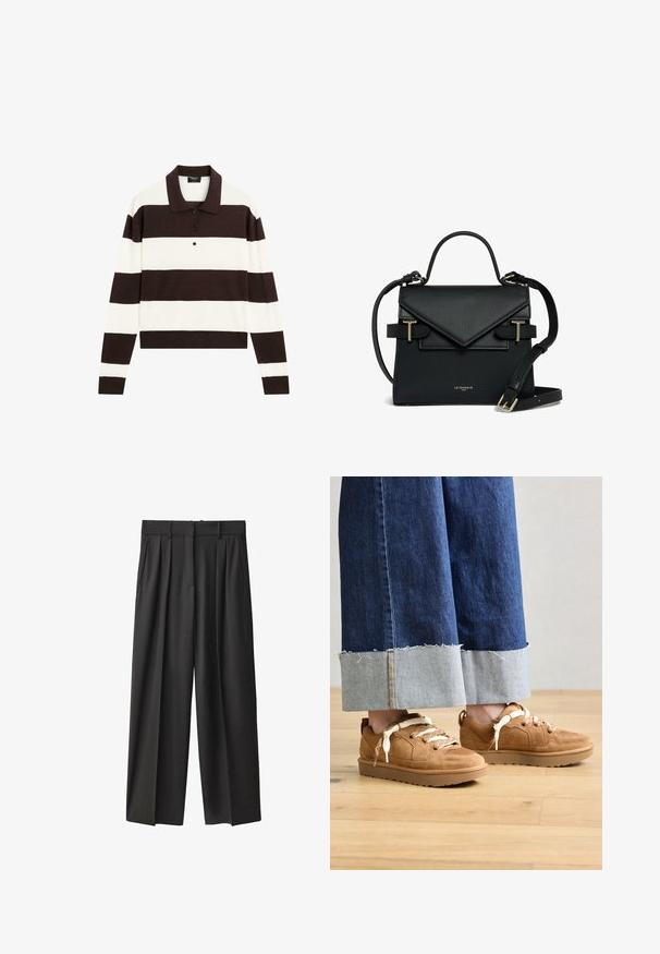 Polo à manches longues avec des rayures horizontales alternant entre marron foncé et blanc, un col et un boutonnage. Fabriqué en tissu doux.; Pantalons larges noirs en tissu lisse. Présentent une taille haute, des passants de ceinture et des plis sur le devant pour plus de structure.; Baskets en daim marron avec des panneaux texturés et des lacets de couleur claire. Associées à un pantalon en denim bleu à jambes larges avec des ourlets effilochés.; Sac à main noir texturé avec un design de rabat triangulaire, accents en métal doré, anse supérieure et bandoulière amovible.