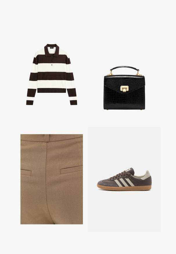 Polo à manches longues avec des rayures horizontales alternant entre marron foncé et blanc, un col et un boutonnage. Fabriqué en tissu doux.; OXXO HIGH RISE - Pantalon classique - chinchilla; Baskets en cuir marron avec trois bandes de couleur claire, semelle en gomme, bout arrondi et accents en daim texturé sur le talon et le bout.; Sac à main en simili-crocodile noir avec un design structuré, des ferrures dorées, une poignée supérieure et un système de fermeture à rabat magnétique.