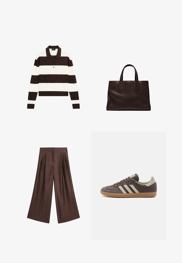 Polo shirt met lange mouwen, voorzien van afwisselende donkerbruine en witte horizontale strepen, een kraag en een knoopsluiting. Gemaakt van zachte stof.; Bruine wijde broek van een gestructureerde stof. Voorzien van plooien aan de voorkant, een knoopsluiting en een hoge taille.; Bruine leren sneaker met drie lichtgekleurde strepen, rubberen gumzool, ronde neus en gestructureerde nubuck accenten op de hiel en neus.; Bruine leren tote bag met twee verlengde handvatten, gestructureerde rechthoekige vorm, gladde textuur en subtiele stiksels.