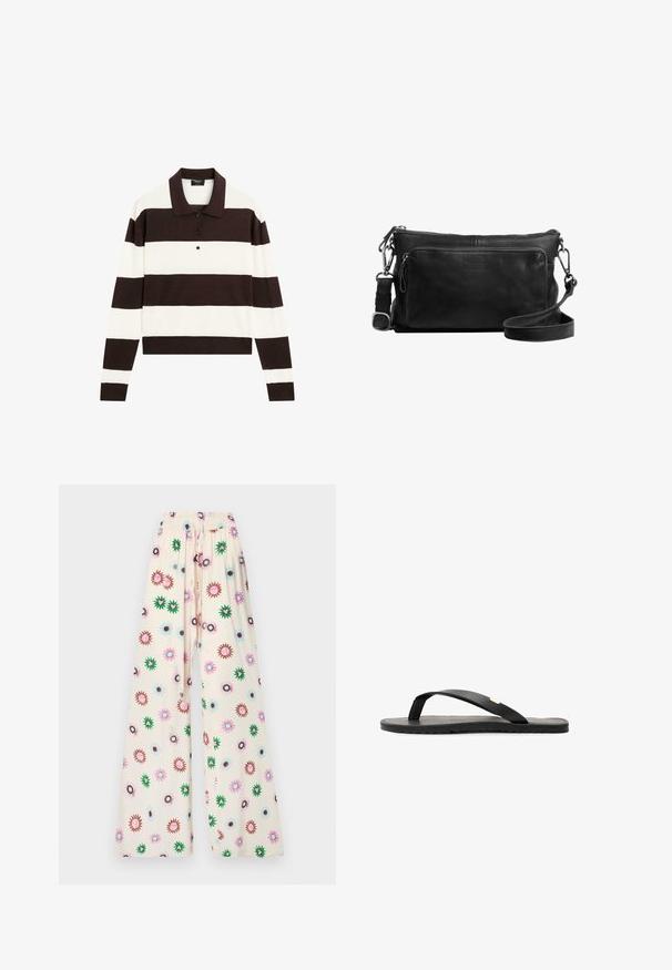 Polo shirt met lange mouwen, voorzien van afwisselende donkerbruine en witte horizontale strepen, een kraag en een knoopsluiting. Gemaakt van zachte stof.; Wijdvallende broeken van crèmekleurige stof, met een bloemenpatroon in roze, groen, bruin en blauwe accenten. Elastische tailleband voor comfort.; Zwarte flip-flop sandaal met een platte zool, zwarte textuur inlegzool, gladde bandjes en een kleine gouden accent bij de teenpost.; Zwarte leren schoudertas met een ritsvak, een voorzak, zilverkleurige hardware en een verstelbare schouderband. Gladde textuur.