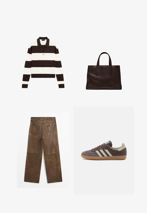 Långärmad polo tröja med växelvis mörkbruna och vita horisontella ränder, en krage och en knäppning framtill. Tillverkad av mjukt tyg.; Bruna läderbyxor med breda ben, två bakfickor och synlig sömnad, visade från baksidan mot en vit bakgrund.; Brun lädersneaker med tre ljusa ränder, gummisula, rund tå och texturerade mockadetaljer på häl och tå.; Brun läder tote-väska med två avlånga handtag, strukturerad rektangulär form, slät textur och subtila sömdetaljer.