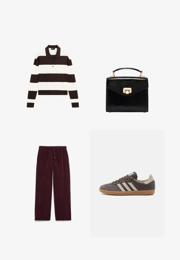 Polo shirt met lange mouwen, voorzien van afwisselende donkerbruine en witte horizontale strepen, een kraag en een knoopsluiting. Gemaakt van zachte stof.; Bordeaux corduroy broek, met een elastische tailleband en een trekkoord, twee zakken en een rechte pijp. Zachte textuur.; Bruine leren sneaker met drie lichtgekleurde strepen, rubberen gumzool, ronde neus en gestructureerde nubuck accenten op de hiel en neus.; Zwarte faux-krokodillenleder handtas met een gestructureerd ontwerp, gouden hardware, een bovenhandgreep en een magnetische klepsluiting.