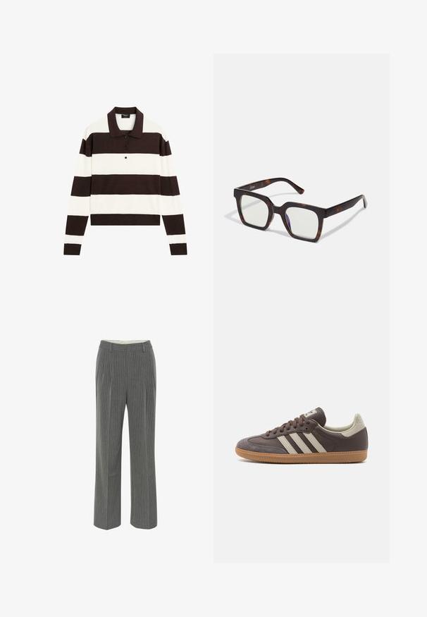 Langærmet polo-shirt med skiftende mørkebrun og hvid vandrette striber, en krave og en knaplukning. Fremstillet af blødt stof.; Grå stribede bukser med skræddersyet pasform, flad forside og bred ben-design. Lavet af et glat, let stof.; Brun lædersneaker med tre lyse striber, gummisål, rund tå og teksturerede ruskindsdetaljer på hælen og tåen.; Firkantede solbriller med en skildpaddeacetatramme og klare linser. Har brede stænger og en mat finish, der forbedrer den samlede holdbarhed.; Cremefarvet læder skuldertaske med en halvmåneform, tynd rem og diskrete syninger. Minimalistisk design med hardware-accenter i guldton.