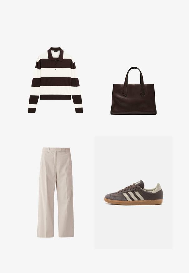 Langärmliges Polohemd mit abwechselnd dunkelschokoladenbraunen und weißen horizontalen Streifen, einem Kragen und einer geknöpften Leiste. Hergestellt aus weichem Stoff.; s.Oliver BLACK LABEL Stoffhose - helles beige; Braune Leder-Sneaker mit drei hellen Streifen, Gummisohle, abgerundetem Zehenbereich und strukturierten Wildlederelementen an Ferse und Zehen.; Braune Ledertasche mit zwei langen Griffen, strukturierte rechteckige Form, glatte Textur und dezente Nähdetails.