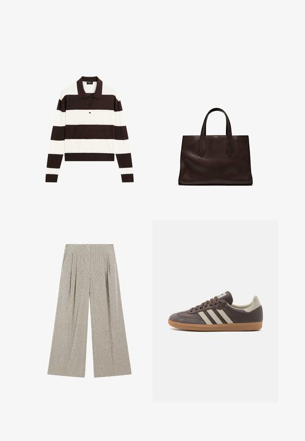 Polo à manches longues avec des rayures horizontales alternant entre marron foncé et blanc, un col et un boutonnage. Fabriqué en tissu doux.; Pantalons larges en tissu texturé dans un gris atténué avec des rayures verticales subtiles, dotés de plis à la taille pour plus de détails.; Baskets en cuir marron avec trois bandes de couleur claire, semelle en gomme, bout arrondi et accents en daim texturé sur le talon et le bout.; Sac tote en cuir marron avec deux poignées allongées, forme rectangulaire structurée, texture lisse et détails de couture subtils.