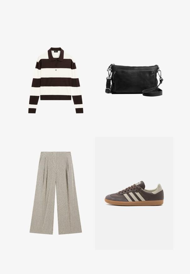 Langærmet polo-shirt med skiftende mørkebrun og hvid vandrette striber, en krave og en knaplukning. Fremstillet af blødt stof.; Bredde bukser lavet af tekstureret stof i en dæmpet grå farve med subtile lodrette striber, der har plisseringer i taljen for ekstra detaljer.; Brun lædersneaker med tre lyse striber, gummisål, rund tå og teksturerede ruskindsdetaljer på hælen og tåen.; Sort læder crossbody taske med en lynlås hovedrum, frontlomme, sølvhardware og justerbar skulderrem. Glat tekstur.