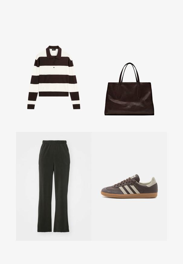Koszula polo z długim rękawem, charakteryzująca się naprzemiennymi ciemnobrązowymi i białymi poziomymi paskami, kołnierzykiem oraz zapięciem na guziki. Wykonana z miękkiego materiału.; Czarne, miękkie spodnie z materiału z elastycznym paskiem w talii, o luźnym kroju i prostych nogawkach. Brak widocznych wzorów lub akcentów.; Brązowe skórzane trampki z trzema jasnymi paskami, gumową podeszwą, zaokrąglonym noskiem oraz teksturowanymi zamszowymi akcentami na pięcie i nosku.; Massimo Dutti - Torebka
