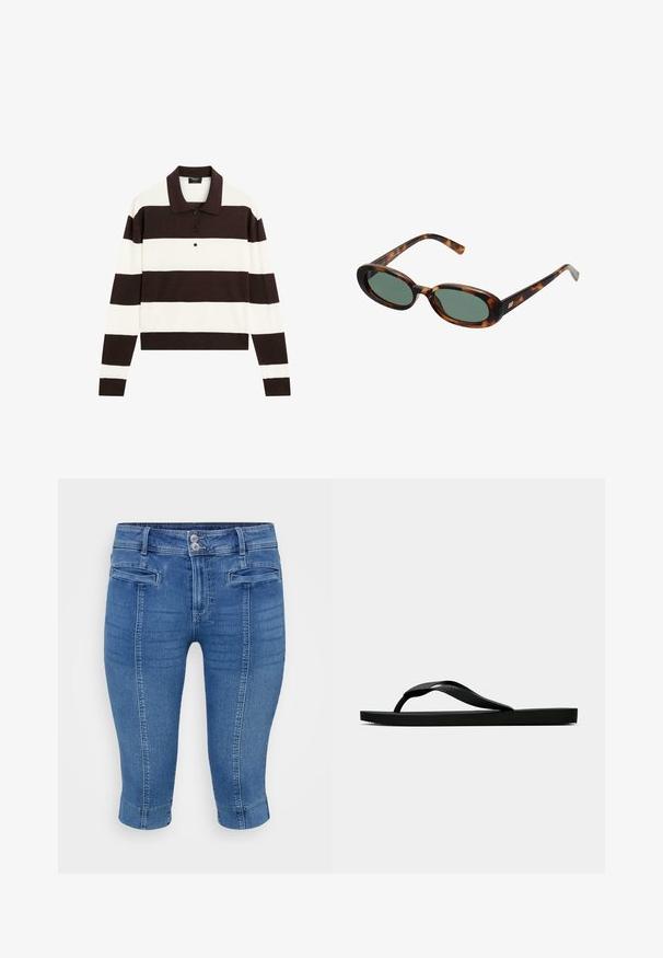 Polo shirt met lange mouwen, voorzien van afwisselende donkerbruine en witte horizontale strepen, een kraag en een knoopsluiting. Gemaakt van zachte stof.; Blauwe denim capri-panten met een getailleerd ontwerp, twee voorzakken en een opgerolde zoom. De stof heeft een gladde textuur met een lichte vervaging.; Zwarte rubberen flip-flop sandaal met een getextureerde strap en een eenvoudige platte zool, zijaanzicht op een effen lichte achtergrond.; schildpadbril met ovale monturen en groene lenzen. Heeft dunne spijlen met een metalen accent nabij de scharnieren.