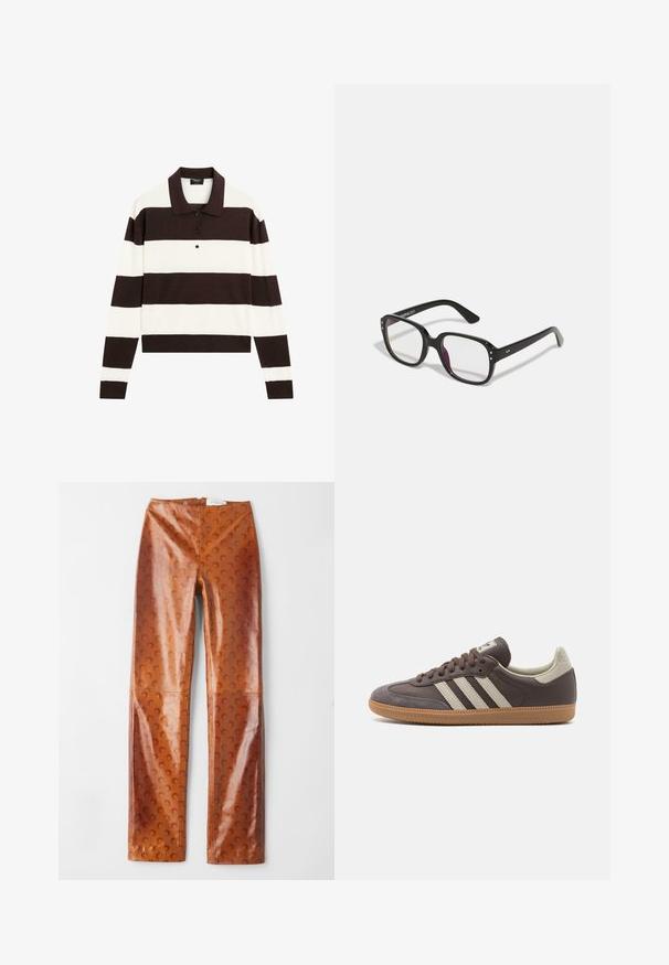 Pánská polokošile s dlouhým rukávem, která se vyznačuje střídajícími se tmavě hnědými a bílými vodorovnými pruhy, límcem a zapínáním na knoflíky. Vyrobena z měkké tkaniny.; Hnědé kalhoty z umělé kůže s texturovaným povrchem a půlměsíčním vzorem, vysokým pasem a rovným střihem.; Hnědé kožené tenisky se třemi světlými pruhy, gumovou podrážkou, zaoblenou špičkou a texturovanými semišovými detaily na patě a špičce.; Černé obdélníkové brýle s průhlednými skly, zaoblenými okraji a bočními akcenty, s lesklým povrchem na rámu a nožičkách.