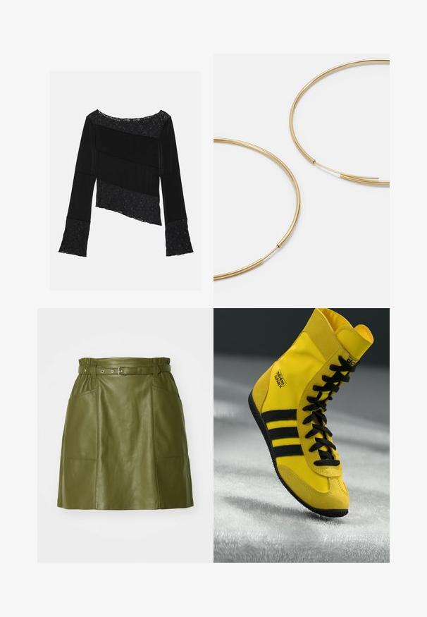Črn dolg rokav vrh z mešanico gladkega blaga in teksturiranimi čipkastimi detajli, z asimetričnim krojem in razširjenimi rokavi.; Olivno zelena usnjena krila z pasom, ki vključuje dva sprednja žepa in gladko teksturo. A-linijska silhueta z modernim dizajnom.; Visoke teniske iz rumenega sintetičnega materiala, z črnimi vezalkami, tremi črnimi črtami in blagovno znamko na strani. Teksturiran gumijast podplat.; Zlate obroče ušesne uhane, tanke in krožne oblike, z gladko kovinsko površino brez okrasnih elementov ali vzorcev.