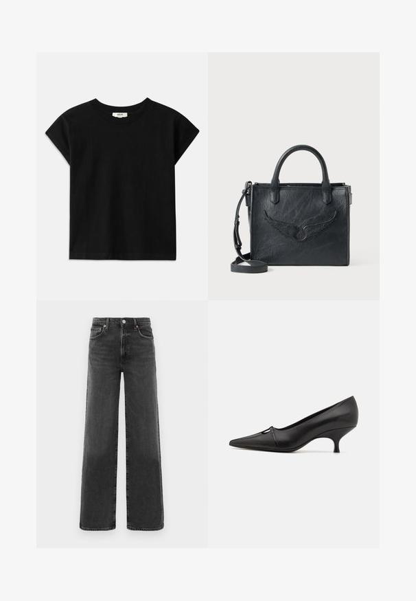 T-shirt in cotone nero con collo rotondo, maniche corte a sbuffo e taglio dritto. Tessuto liscio con dettagli minimi.; Jeans in denim neri a vita alta, gamba dritta, con chiusura frontale a bottone e zip, due tasche anteriori e due tasche posteriori.; GIABORGHINI DANA - Decolleté - black; Borsa a tracolla in pelle nera con dettaglio a forma di ala. Caratterizzata da due manici arrotondati e una tracolla staccabile. Superficie testurizzata. Forma compatta.