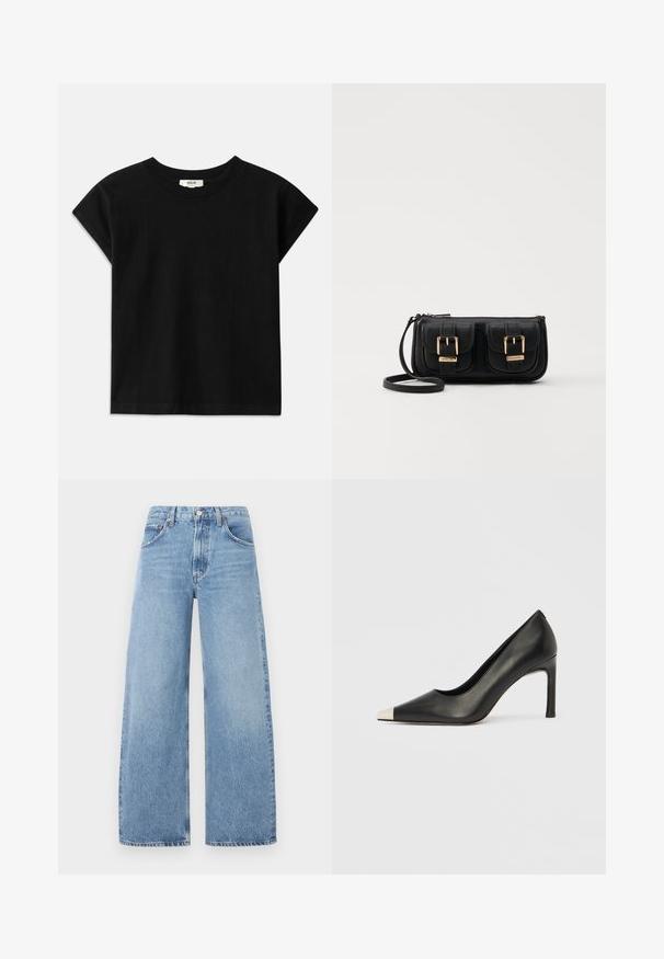 Melnas kokvilnas T-krekls ar apaļu kaklu, īsām piedurknēm un taisnu griezumu. Gluda tekstūra ar minimālu noformējumu.; Gai zilo platleņķa džinsu bikses, kas izgatavotas no denima, ar augstu jostasvietu, piecām kabatām un kontrastējošām šuvēm. Nav redzamu bojājumu vai rotājumu.; Melns ādas augstpapēžu kurpes ar smailu purngalu un metāliski sudraba uzgali. Ir gluda apdare un slaids 10 cm augsts papēdis.; Melnas ādas crossbody soma ar divām priekšējām kabatām, zelta sprādzēm, ar rāvējslēdzēju aizdari un šauru siksnu. Strukturēta virsma un kompakta taisnstūra forma.