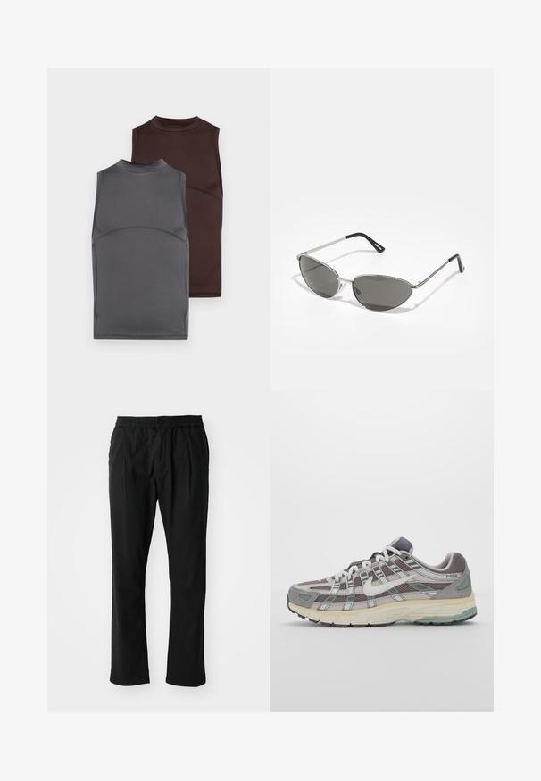 Du auskarai neturi rankovių tamsiai pilkos ir rudos spalvos, pagaminti iš lygaus audinio. Kiekvienas turi aukštą kaklą ir priglustančią konstrukciją su kontrastingais siūlų akcentais.; Juodos kelnės, pagamintos iš lengvos medžiagos, su elastinga juosmeniu. Turi užtrauktuko uždarymą, tiesias kojines ir subtilias priekinės klostes.; Pilkas sportinis batas su tinklu ir zomšos viršutine dalimi, baltomis detalėmis, paminkštintu padu ir išskirtiniu dizainu su atspindinčiais elementais.; Akiniai nuo saulės su elegantišku sidabro metaliniu rėmu, pilkai tonuotais objektyvais ir aerodinaminiu dizainu, turinčiu smailius kampus ir plonus šonus.