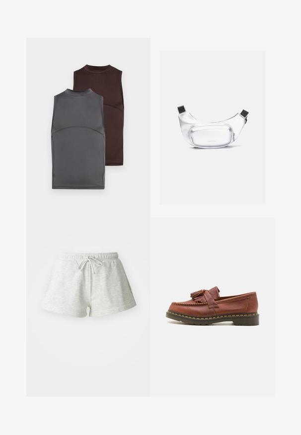 Dva bezrukávové topy v tmavosivej a hnedej farbe, vyrobené z hladkej látky. Každý má vysoký golier a priliehajúci strih s kontrastnými švami.; Svetlo šedé bavlnené šortky s nastaviteľným pásom, ktoré majú jemnú textúru a voľný strih, končiace nad polovicu stehien.; Hnedé kožené mokasíny s cínkovými akcentmi, textúrovaný povrch a kontrastný žltý steh pozdĺž čiernej gumenej podrážky. Bočný pohľad.; Biely ľadvinkový batoh vyrobený z hladkého, odolného materiálu. Má výraznú, zaoblenú prednú kapsu so zipsovým uzáverom a nastaviteľný čierny popruh.; Súprava strieborných náušníc: dva oválne pecky a dva polkruhové kruhy, s lesklým, hladkým povrchom a zaobleným tvarom.