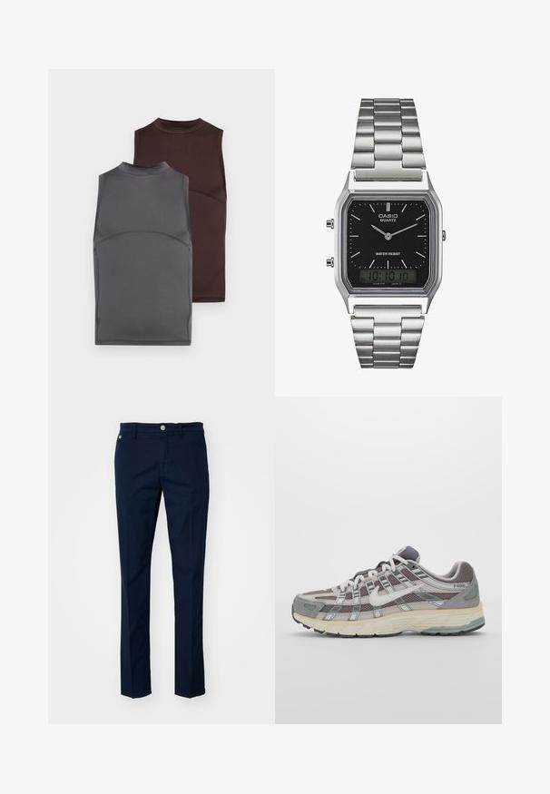 Divi bez piedurknēm topi tumši pelēkā un brūnā krāsā, izgatavoti no gludas auduma. Katram ir augsta apkakle un pieguļošs dizains ar kontrastējošām šuvēm.; Jūras zilo kokvilnas bikses ar taisnu kāju dizainu, priekšējām kabatām un kontrastējošu pogu. Gluda tekstūra, minimāli detalizētas.; Pelēkie sporta apavi ar tīkla un zamša augšdaļu, baltiem akcentiem, mīkstinātu zoli un izcilu dizainu ar atstarotājiem.; Sudraba nerūsējošā tērauda kvarca pulkstenis ar melnu taisnstūra seju, kas aprīkota ar analogajām rādītājiem, digitālo displeju un ūdensizturības norādi.