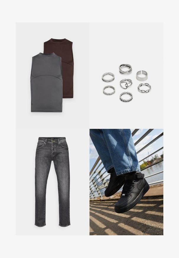 Dva bezrukávové topy v tmavosivej a hnedej farbe, vyrobené z hladkej látky. Každý má vysoký golier a priliehajúci strih s kontrastnými švami.; Tmavošedé denimové džínsy so strihom v štýle straight, s klasickým dizajnom piatich vreciek a jemným vyblednutím. Zapínanie na kovový gombík a zips.; Čierne tenisky Nike Air Force 1 s koženým zvrškom, sieťovaným jazykom a gumovou podrážkou, s vysokým dizajnom a hrubými šnúrkami.; Sada siedmich strieborných prsteňov s rôznymi dizajnmi, vrátane skrútených, prepojených a gravírovaných vzorov. Rôzne tvary a šírky.