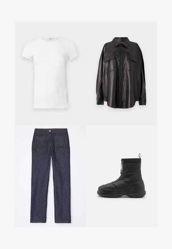 Bílý žebrovaný tričko s krátkým rukávem a kulatým výstřihem. Tkanina vypadá hladce a má těsný siluetu. Značkový štítek je viditelný na límci.; Černá kožená košile s knoflíkovou přední částí, špičatým límcem a dvěma náprsními kapsami. Vyznačuje se volným střihem a hladkou texturou.; Džínové kalhoty v tmavě modré barvě s rovnýma nohama, které mají dvě zadní kapsy a kontrastní oranžové prošívání.; Černé voděodolné sněhule s hladkým syntetickým svrškem, zipem na zavírání, polstrovaným límcem a strukturovanou gumovou podrážkou. Ozdobené brandingem "MOON BOOT".