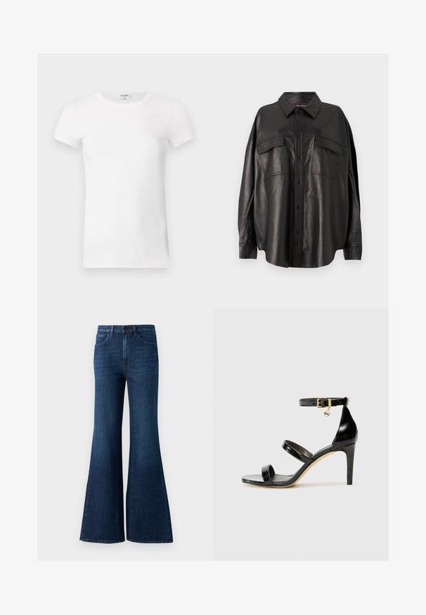 Wit geribd T-shirt met korte mouwen en een ronde hals. De stof lijkt glad met een getailleerde pasvorm. Logo zichtbaar op de kraag.; Zwarte leren shirt met een doorstart knoopsluiting, puntige kraag en twee borstzakken. Heeft een losse pasvorm en een gladde textuur.; Donkerblauwe hoge taille uitlopende jeans met een knoop aan de voorkant, ritssluiting en vijf zakken op een witte achtergrond.; Zwarte gepatineerde leren sandaal met drie banden, enkelgesp en 10 cm hoge stiletto hak. Bevat gouden hardwaredetails en een logo charm.