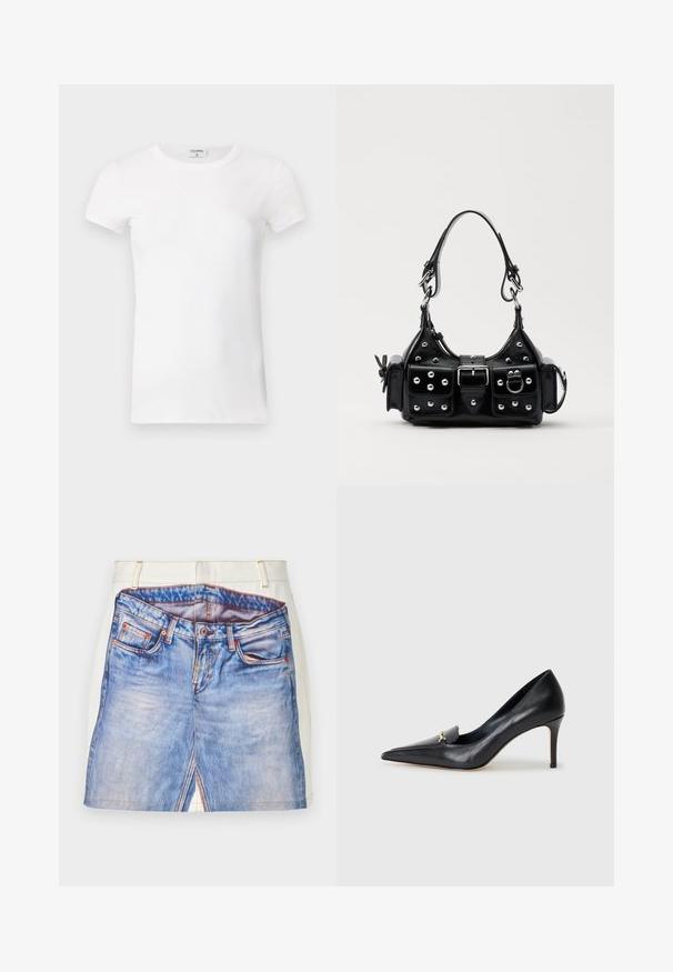 Camiseta blanca de manga corta y con cuello redondo, de tejido acanalado. La tela parece suave y tiene una silueta ajustada. Etiqueta de marca visible en el cuello.; Diseño de falda de mezclilla corta con un patrón de jeans azul estampado, que presenta una cinturilla blanca, costuras naranjas y detalles de abertura lateral.; Zapato de piel negra con punta afilada, escote bajo y un detalle decorativo dorado. Cuenta con un tacón de aguja y textura suave.; Bolso de mano de cuero negro con un diseño curvado, que cuenta con tachuelas plateadas, una hebilla y dos bolsillos laterales. Correa ajustable para opciones de transporte.