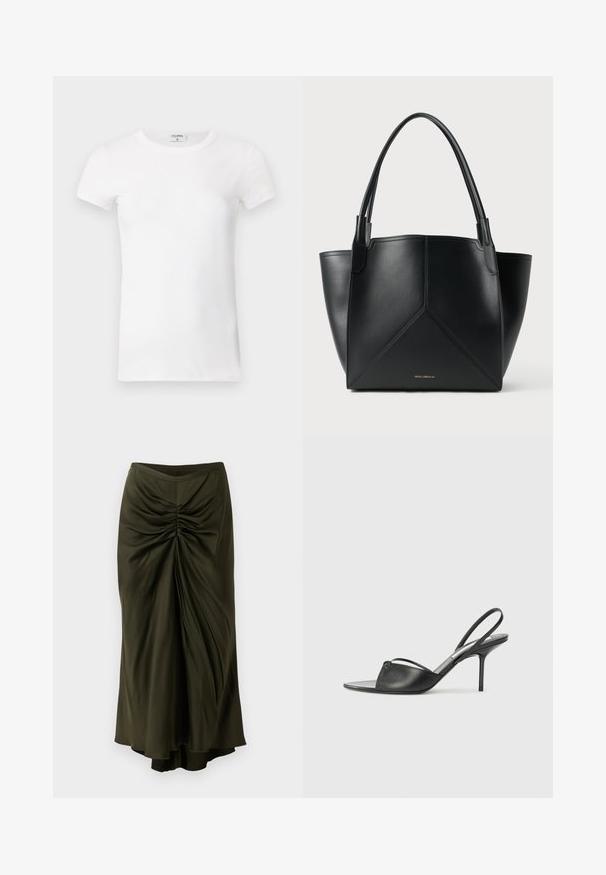 Bela rebrasta majica s kratkimi rokavi in okroglo ovratnikom. Tkanina se zdi gladka z oprijetim silhueto. Oznaka blagovne znamke vidna na ovratniku.; Zadnja krila olivno zelene barve, izdelana iz gladkega, tekočega materiala. Ima visok pas in asimetričen rob za dodatno dimenzijo.; Črni usnjeni slingback petni čevlji z ostrim nosom, tankim zapestnim trakom in stiletto peto. Imajo zanko na površini.; Črna usnjena torba za prenašanje z geometrijskim vzorcem, ki ima dve ročki in zlat tisk na sprednji strani. Gladka tekstura in strukturirana oblika.