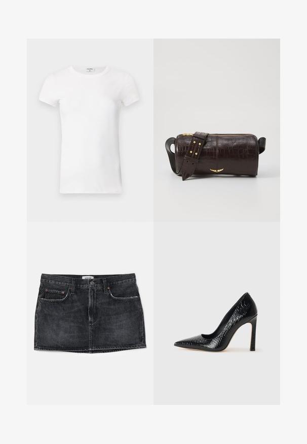 Biela rebrovaná tričko s krátkym rukávom a okrúhlym výstrihom. Tkanina vyzerá hladko s priliehavým strihom. Značková etiketa je viditeľná na golieri.; Čierna rifľová sukňa s priliehavým strihom, dvomi prednými vreckami a pásom. Obsahuje jemné švy a malú nášivku na zadnej strane.; Čierna lodička s špicatou špičkou a lakovanou textúrou krokodíla, s elegantným dizajnom, vysokým stiletto podpätkom a hladkým čiernym interiérom.; Hnedá taška z kože s embosovaným vzorom krokodíla, cylindrického tvaru, so zlatými hardvérovými doplnkami a odnímateľným popruhom so štítkami.