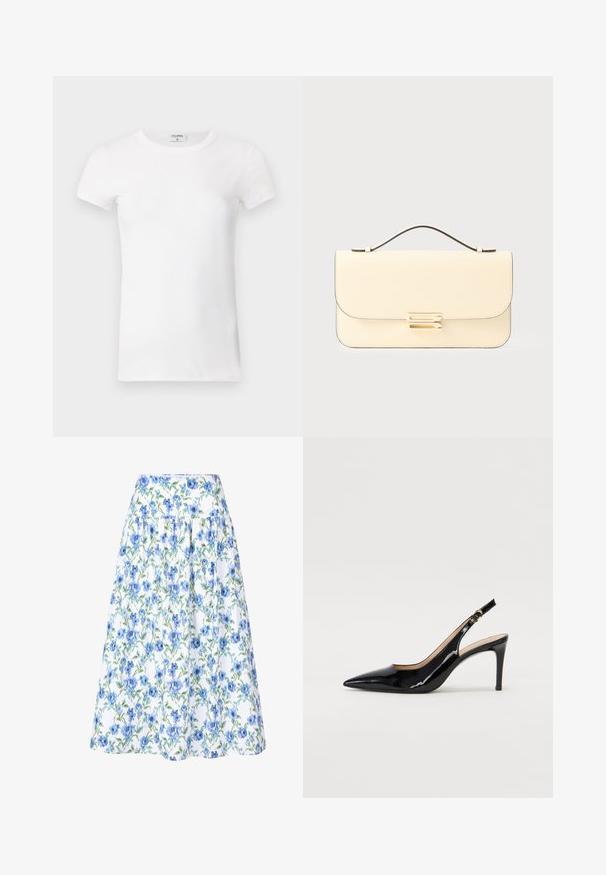 White ribbed short-sleeve T-shirt with a crew neck. The fabric appears smooth with a fitted silhouette. Branding label visible at the collar.; Floral skirt featuring a white background with blue flowers and green leaves, structured waistband, and gathered design for fullness.; Black patent leather slingback pump with pointed toe, slim heel, and a subtle cutout design. Features a gold buckle on the strap.; Cream-colored leather handbag with top handle and gold-toned rectangular clasp on a plain light background.