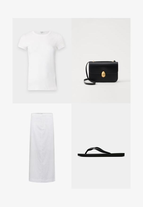 White ribbed short-sleeve T-shirt with a crew neck. The fabric appears smooth with a fitted silhouette. Branding label visible at the collar.; White linen midi skirt with a straight cut, featuring a smooth texture, minimal seams, and a waistband for a tailored fit.; Black rubber flip-flop sandal with a textured thong strap and simple flat sole, shown from side on a plain light background.; Black leather handbag with a structured rectangular shape. Features a golden oval clasp and a thin shoulder strap. Smooth texture.