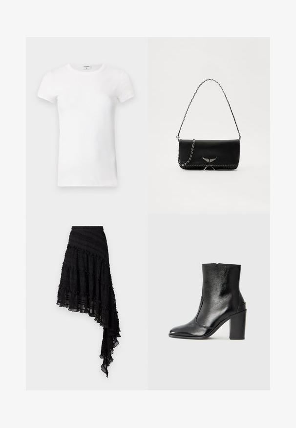 Valkoinen ribattu lyhythihainen T-paita pyöreällä kaula-aukolla. Kangas näyttää sileältä ja istuvalta. Brändilogo näkyvissä kauluksessa.; Musta epäsymmetrinen hame, jossa on teksturoituja poimuja, kerroksellisia röyhelöitä ja kuminauhavyötärö. Kevyt kangas, jossa on läpikuultava pinta.; Mustat nahka ankle bootit, joissa on sileä pinta, terävä kärki ja paksu korkea korko. Sivusaumassa on avaus ja muuten yksinkertainen muotoilu.; Musta nahkalaukku, jossa on hopeaketjuolkaimet, koristelu siipiyksityiskohdilla ja valkoisella ommellulla sauman alareunassa.