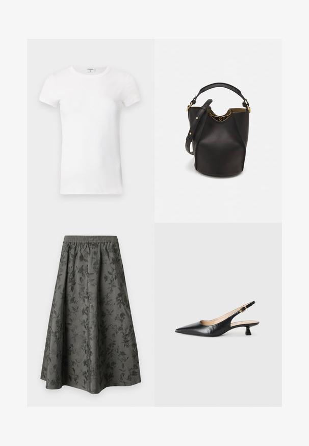 T-shirt à manches courtes blanc côtelé avec un col rond. Le tissu semble lisse avec une silhouette ajustée. Étiquette de marque visible au niveau du col.; Jupe midi gris foncé avec une ceinture élastique, présentant un motif floral en relief sur l'ensemble pour une texture et un intérêt visuel accrus.; Chaussure à talon kitten en cuir noir, à lanière arrière, avec un bout pointu et une boucle dorée sur la sangle latérale, sur fond blanc.; Sac seau en cuir noir avec une finition texturée, accents en matériel doré et une ouverture en haut. Il dispose d'une courte poignée et d'une sangle d'épaule réglable.