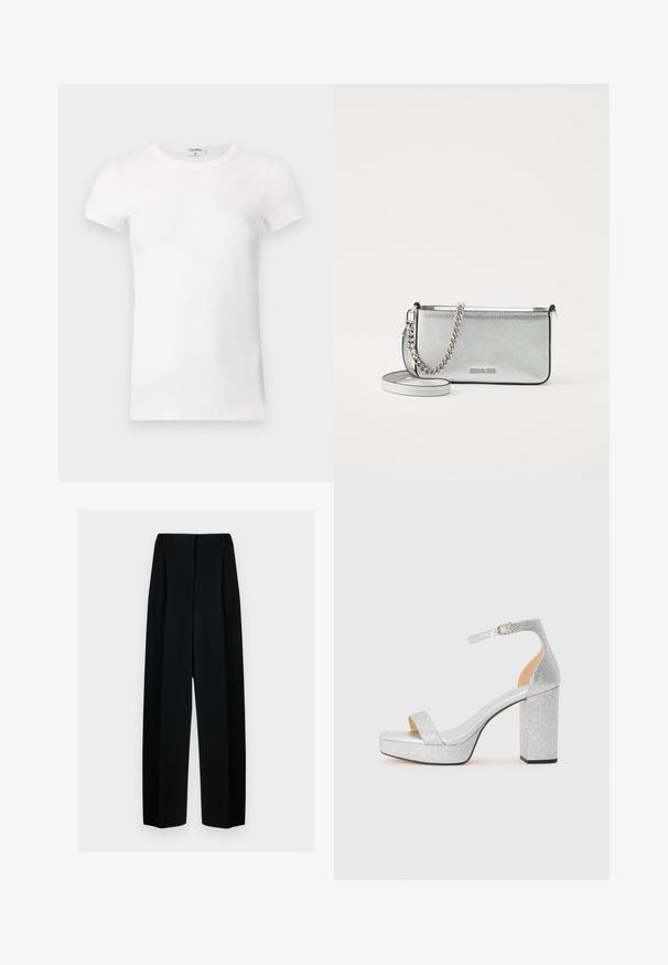 Wit geribd T-shirt met korte mouwen en een ronde hals. De stof lijkt glad met een getailleerde pasvorm. Logo zichtbaar op de kraag.; Zwarte wijde broek met een hoge taille, met plooien en een gladde textuur. De stof lijkt lichtgewicht en valt elegant.; Zilveren glitter hoge sandaal met een brede blokhak, open teen en verstelbare enkelband. Glad interieur en gestructureerde buitenkant.; Zilveren leren schoudertas met een gestructureerde afwerking, accenten van ketting en schouderband, en een ritssluiting. Beschikt over een logo aan de voorkant.