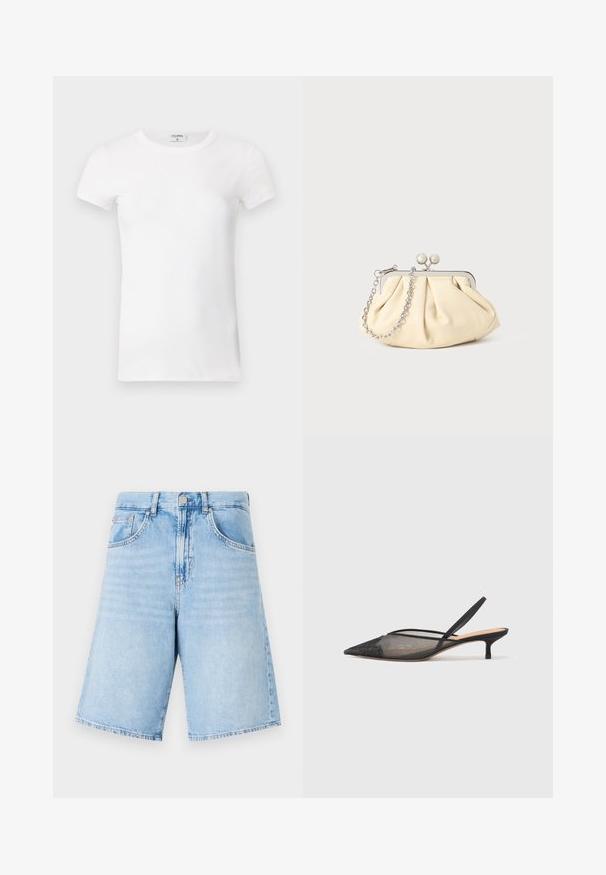 Balta, raibota trumpa rankovėmis marškinėliai su apvaliu kaklu. Audinys atrodo lygus ir prigludęs. Prekės ženklo etikete matoma prie apykaklės.; Šviesiai mėlyni džinsiniai šortai su aukštu liemeniu, turintys dvi priekines kišenes, mygtuko užsegimą ir tiesias, plačias kojenes. Lengvas išblukimas visame šorte.; NEOUS IRENA - Klasikiniai aukštakulniai - black; Plyšiniai smėlio spalvos odiniai rankinukai su sidabriniu metaliniu rėmu, turintys du apvalius dekoratyvinius užtrauktukus ir sidabrinę grandinėlę.