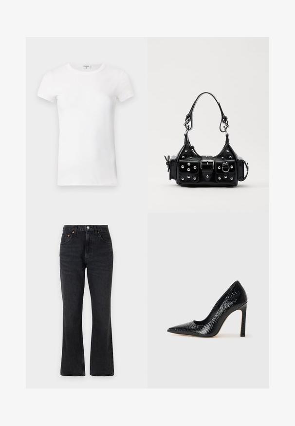 Bela rebrasta majica s kratkimi rokavi in okroglo ovratnikom. Tkanina se zdi gladka z oprijetim silhueto. Oznaka blagovne znamke vidna na ovratniku.; Črne razširjene kavbojke iz denima, z visokim pasom, sprednjimi žepi in medeninastimi dodatki. Gladka tekstura z minimalnim bledenjem.; Črne čevlje z visoko peto in konico v obliki puščice, z teksturo krokodilje kože, ki se ponašajo s sleek oblikovanjem, visokim stiletto peto in gladkim črnim notranjostjo.; Črna usnjena torbica s ukrivljenim dizajnom, ki vsebuje srebrne žebljičke, zaponko in dve stranski žepki. Nastavljiv trak za različne možnosti nošenja.