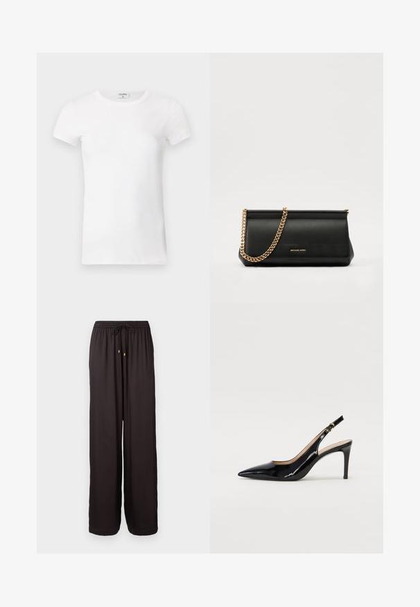 White ribbed short-sleeve T-shirt with a crew neck. The fabric appears smooth with a fitted silhouette. Branding label visible at the collar.; Loose-fitting black pants with elastic waistband and drawstring with gold-toned tips, full-length and straight-cut legs.; Black patent leather slingback pump with pointed toe, slim heel, and a subtle cutout design. Features a gold buckle on the strap.; Black leather clutch bag with a gold chain strap, featuring a smooth texture, rectangular shape, and embossed branding on the front.