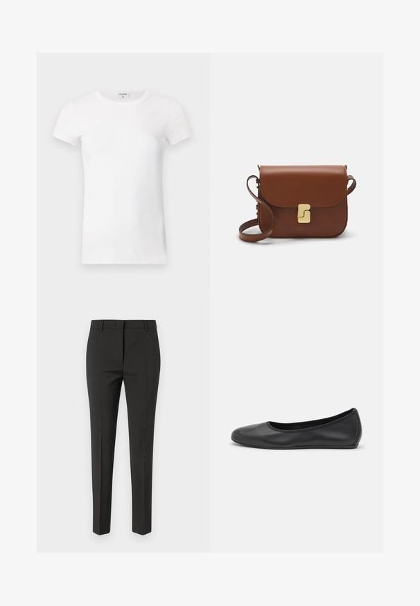 White ribbed short-sleeve T-shirt with a crew neck. The fabric appears smooth with a fitted silhouette. Branding label visible at the collar.; Black tailored trousers with a straight-leg fit, featuring a smooth texture and no visible patterns or embellishments.; Black leather ballet flat with a rounded toe, smooth texture, minimal stitching detail, and a flexible sole design.; Brown leather handbag with a flap closure, gold-tone hardware, a shoulder strap, and a smooth texture. Compact rectangular shape.