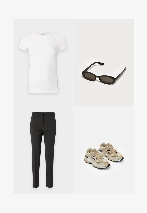 Balta, raibota trumpa rankovėmis marškinėliai su apvaliu kaklu. Audinys atrodo lygus ir prigludęs. Prekės ženklo etikete matoma prie apykaklės.; Juodos pritaikytos kelnės su tiesiais kojų kirpimais, turinčios lygią tekstūrą ir be matomų raštų ar puošmenų.; Šviesiai rudos sportbačiai, pagaminti iš tinklinės ir zomšos medžiagų. Ypač išryškintas juodas logotipas ir tekstūruoti akcentai. Storas baltas tarpkalnis ir juodas gumos padas.; Juodos saulės akiniai su ovaliomis, pusiau rėminėmis lęšiais. Blizgūs rėmeliai ir elegantiškos rankenos. Tamsiai tonuoti lęšiai su minimaliais aparatūros akcentais.