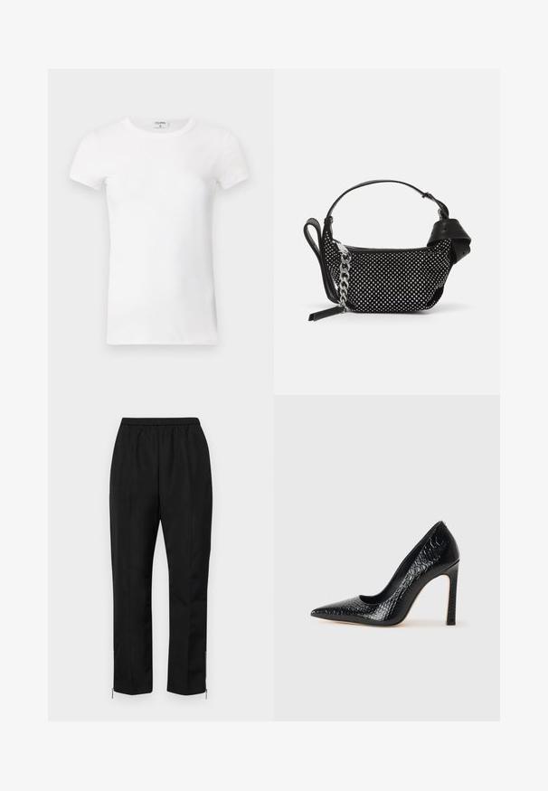 Wit geribd T-shirt met korte mouwen en een ronde hals. De stof lijkt glad met een getailleerde pasvorm. Logo zichtbaar op de kraag.; Zwarte broek met een elastische tailleband, rechte pijpen en ritssluitingen bij de enkel. De stof heeft een gladde textuur en een minimalistisch ontwerp.; Zwarte puntige hoge hak schoen met een krokodillenleren textuur, met een slank ontwerp, hoge stiletto-hak, en een gladde zwarte binnenkant.; Zwarte handtas met studded embellishments, een kettingriem en een soepel leren handvat, met een afgeronde vorm en een ritscompartiment.