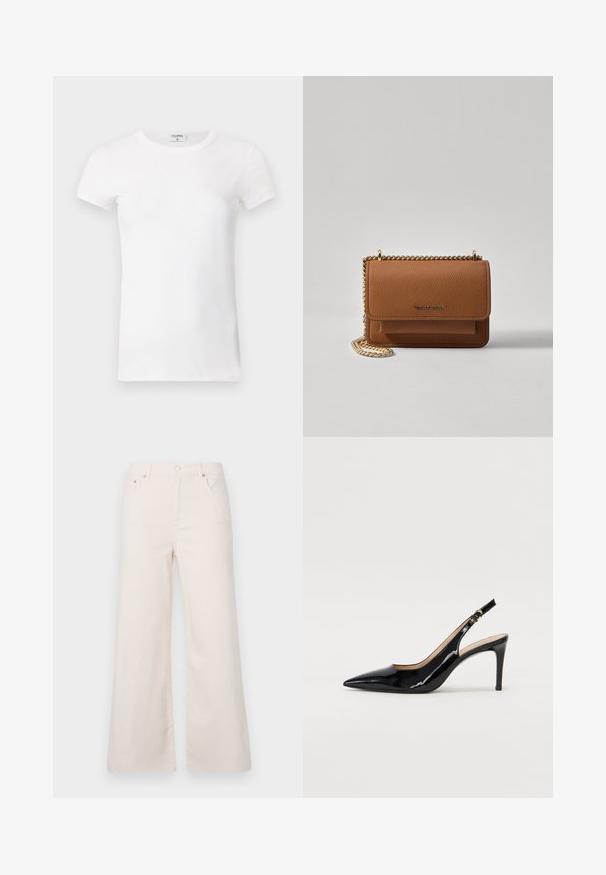 Balts ribots īsām piedurknēm T-krekls ar apaļu kaklu. Audumam ir gluda virsma un tas ir pieguļošs. Zīmola etiķete redzama pie apkakles.; Plati, gai krēmīgi brūni džinsu bikses ar augstu jostasvietu, piecām kabatām un priekšējo pogu aizdari. Gluda tekstūra, minimālas šuvju detaļas.; Melnas lakotās ādas slingback kurpes ar izteiktu degunu, šauru papēdi un smalku izgriezumu dizainu. Siksniņai ir zelta sprādze.; Brūna teksturēta ādas plecu soma ar zelta ķēdes siksnu un atloka aizdari. Priekšpusē ir logotipa detaļa un kabata zem atloka.