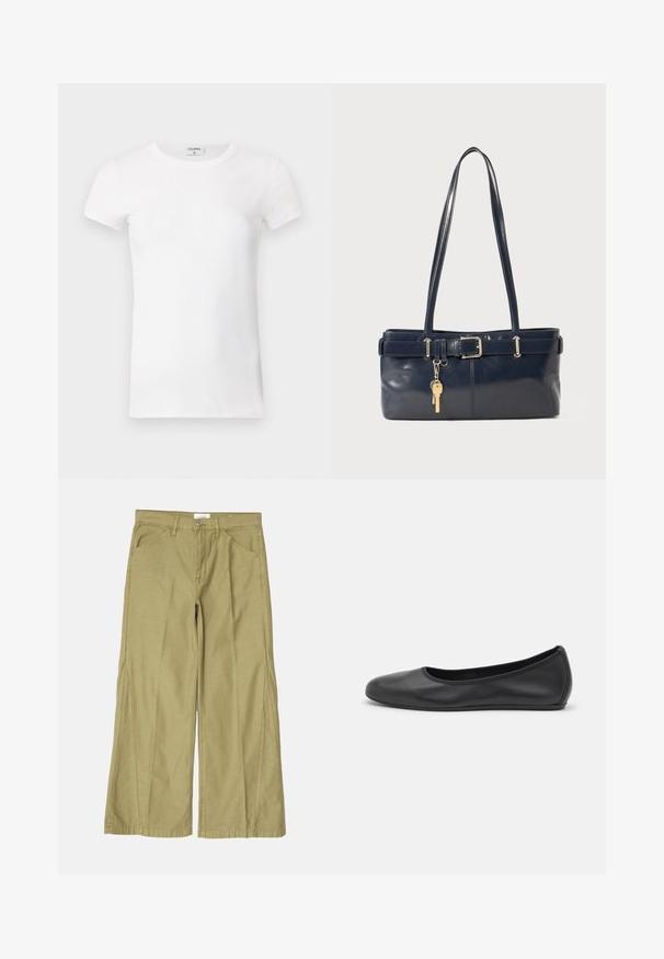White ribbed short-sleeve T-shirt with a crew neck. The fabric appears smooth with a fitted silhouette. Branding label visible at the collar.; Wide-leg trousers in light olive green cotton, featuring a zipper fly, front pockets, and stitched detailing along the seams.; Black leather ballet flat with a rounded toe, smooth texture, minimal stitching detail, and a flexible sole design.; Navy leather handbag with two long handles, a buckle detail, and a keychain attached. Features a smooth texture and a rectangular shape.
