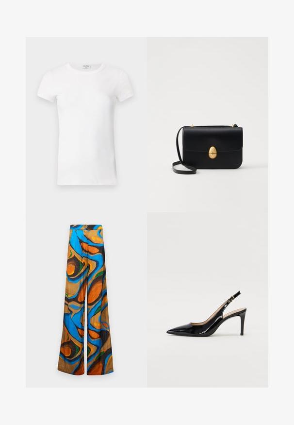 White ribbed short-sleeve T-shirt with a crew neck. The fabric appears smooth with a fitted silhouette. Branding label visible at the collar.; Wide-leg trousers featuring a multicolored abstract pattern with blue, orange, and brown hues. Made from lightweight fabric with a smooth texture.; Black patent leather slingback pump with pointed toe, slim heel, and a subtle cutout design. Features a gold buckle on the strap.; Black leather handbag with a structured rectangular shape. Features a golden oval clasp and a thin shoulder strap. Smooth texture.