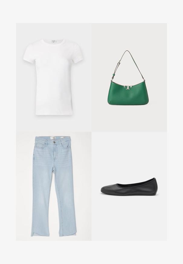 T-shirt à manches courtes blanc côtelé avec un col rond. Le tissu semble lisse avec une silhouette ajustée. Étiquette de marque visible au niveau du col.; Jean en denim bleu clair avec une coupe droite, dotés d'un ourlet brut, de poches standard et d'une fermeture à bouton. Texture lisse avec un léger délavage.; Ballerines en cuir noir avec un bout rond, texture lisse, détails de couture minimalistes et design de semelle flexible.; Sac à main en cuir vert avec une forme incurvée, accastillage en acier inoxydable, finition texturée et une seule bandoulière réglable.