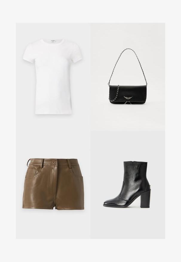 Biela rebrovaná tričko s krátkym rukávom a okrúhlym výstrihom. Tkanina vyzerá hladko s priliehavým strihom. Značková etiketa je viditeľná na golieri.; Hnedé šortky z umelej kože s priliehavým strihom, páskou s pútkami na opasok, prednými vreckami a viditeľnými švami.; Čierna kožená kotníková obuv s hladkým povrchom, špicatou špičkou a masívnym vysokým podpätkom. Zdobená bočným otvorom a minimalistickým dizajnom.; Čierna kožená kabelka so strieborným reťazovým popruhom, so zdobnými krídelnými akcentmi a bielym prešívaním pozdĺž dolného švu.