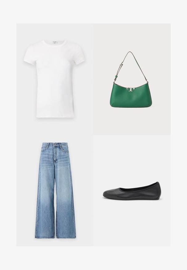 White ribbed short-sleeve T-shirt with a crew neck. The fabric appears smooth with a fitted silhouette. Branding label visible at the collar.; Light blue wide-leg jeans made of denim. Features a high waist, large flared legs, and standard five-pocket styling with metal hardware.; Black leather ballet flat with a rounded toe, smooth texture, minimal stitching detail, and a flexible sole design.; Green leather handbag with a curved shape, silver hardware accent, textured finish, and a single adjustable shoulder strap.