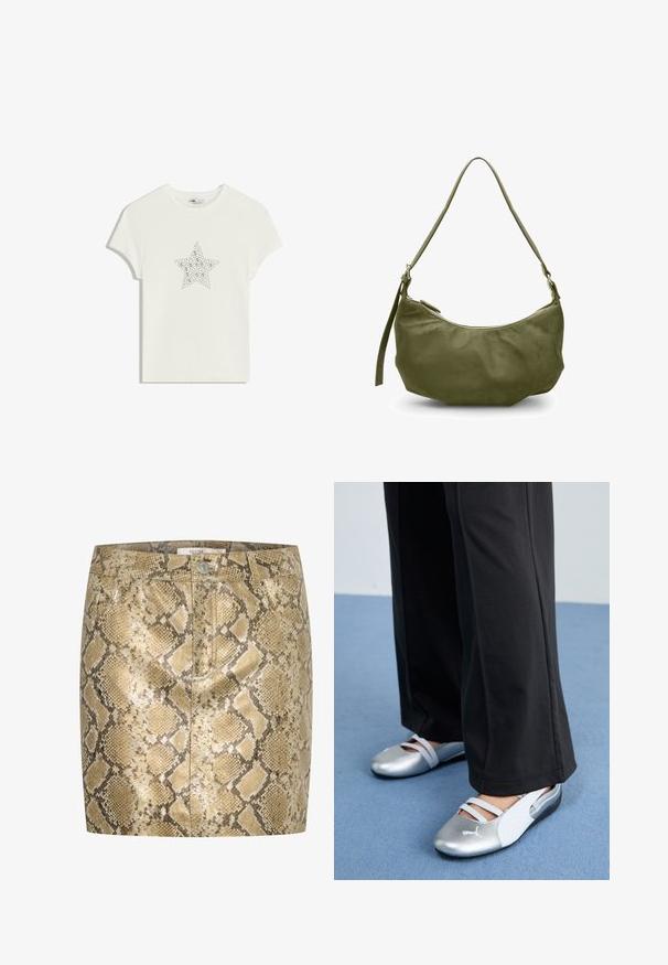 Weißes Baumwoll-T-Shirt mit zentralem Stern-Design aus Strasssteinen, kurzen Ärmeln und Rundhalsausschnitt. Sanfte Textur, lässige Passform.; Schlangenprint-Minirock mit metallischem Glanz in gold- und beigetönen. Mit Knopfverschluss und frontalen Taschen. Strukturierte Oberfläche.; Silberne und weiße flache Schuhe mit überkreuzten Riemen und strukturierten Details, ergänzt durch lockere schwarze Hosen. Vor einem blauen Boden.; Olivgrüne Leder Schultertasche mit geschwungener Form, Reißverschluss und verstellbarem Tragegurt. Glatte Textur mit minimalen Hardware-Akzenten.
