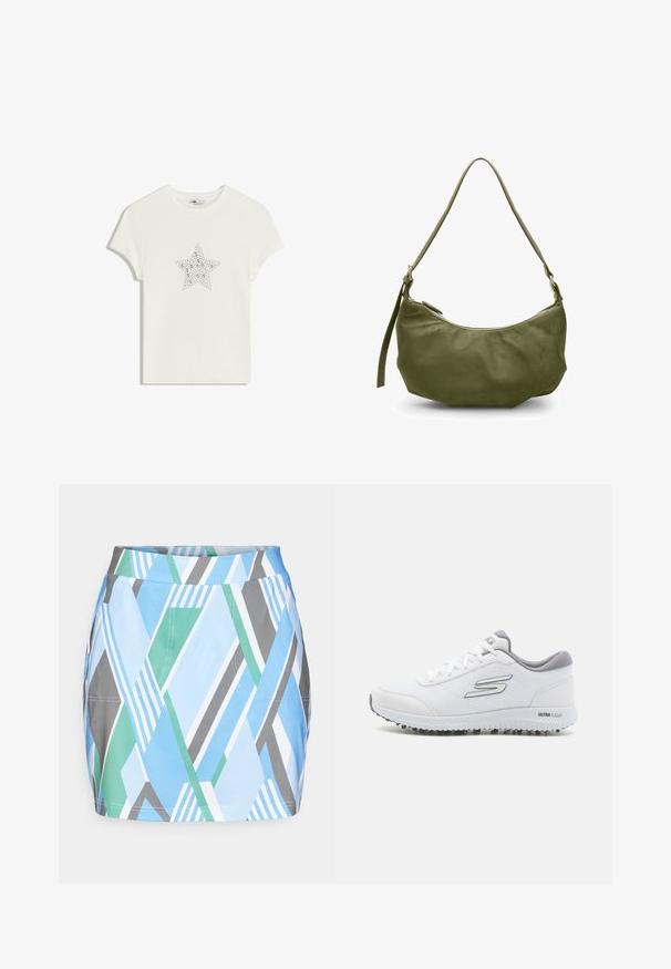Fehér pamut póló, középen strasszból készült csillag mintázattal, rövid ujjakkal és kerek nyakkivágással. Puha tapintású, laza fazon.; Rövid, színes szoknya geometrikus mintákkal kék, zöld és szürke árnyalatokban. Feszes derékkal és egyenes vonalú fazonnal rendelkezik.; Fehér sportcipők texturált hálós felsőrésszel, ezüst részletekkel és könnyű talppal, amelyen kis tapadószögek találhatók, "ULTRA FLIGHT" felirattal.; Olíva zöld bőr válltáska ívelt formával, cipzáras záródással és állítható pánttal. Sima textúra minimális hardver díszítéssel.