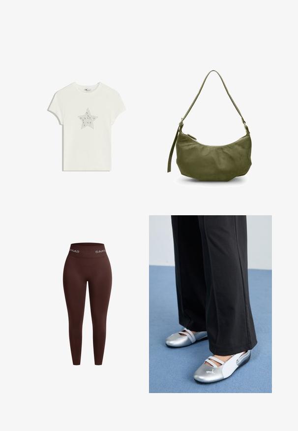 Maglietta bianca in cotone con un design centrale a forma di stella realizzato in strass, maniche corte e scollo a girocollo. Texture morbida, vestibilità informale.; Leggings marroni con una ampia vita elasticizzata che presenta il testo bianco "SMIL". Tessuto liscio, design affusolato, senza cuciture o motivi visibili.; Scarpe piatte argento e bianche con cinturini incrociati e dettagli testurizzati, abbinate a pantaloni neri larghi. Ambientate su un pavimento blu.; Borsa a spalla in pelle verde oliva con forma curva, chiusura con zip e tracolla regolabile. Texture liscia con minimi dettagli in metallo.