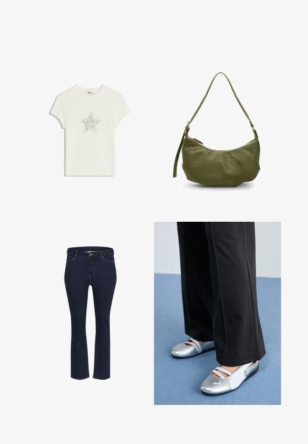 T-shirt en coton blanc avec un motif central en forme d'étoile en strass, manches courtes et col rond. Texture douce, coupe décontractée.; Jean en denim bleu avec une coupe droite, comportant cinq poches, des coutures contrastées et une fermeture à bouton en métal à la taille.; Chaussures plates argentées et blanches avec des sangles croisées et des détails texturés, complétées par un pantalon noir ample. Sur un sol bleu.; Sac à épaule en cuir vert olive avec une forme incurvée, fermeture éclair et bandoulière réglable. Texture lisse avec des accents de quincaillerie minimalistes.